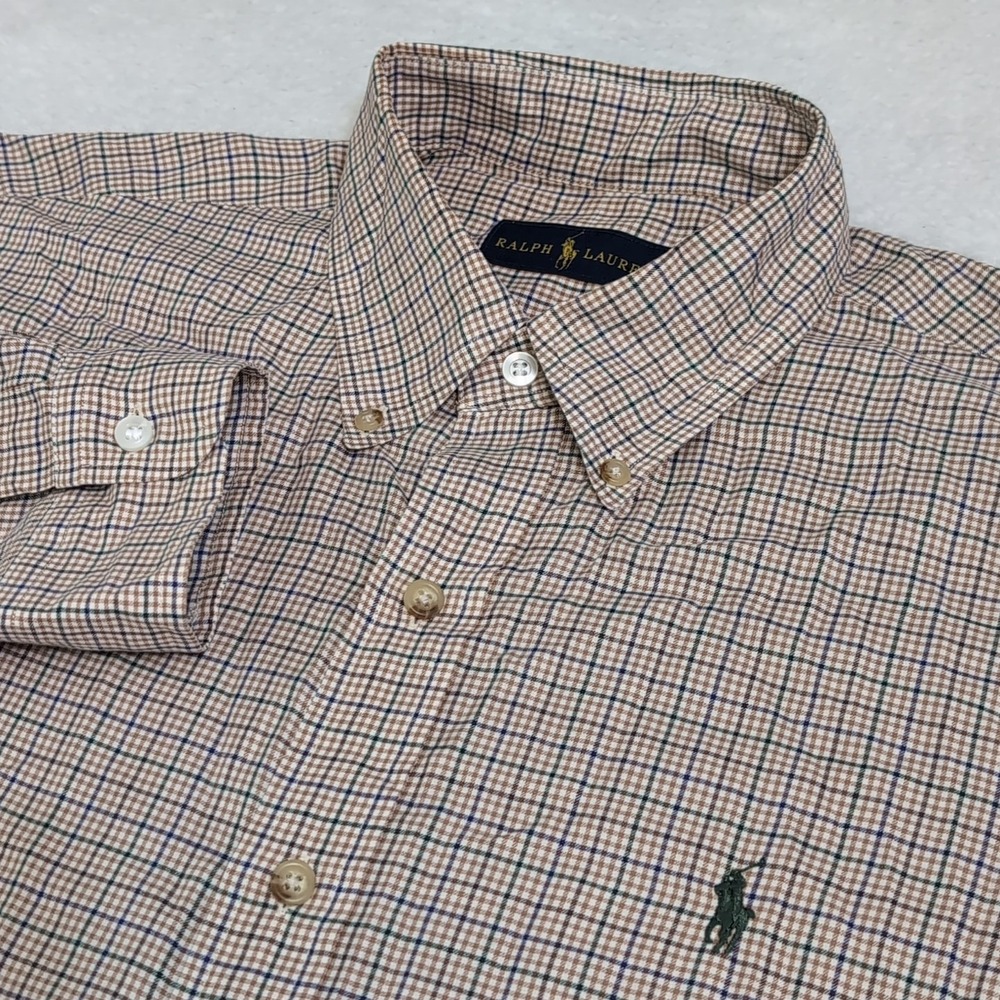 Ralph Lauren Button‎ Down Shirt Long Sleeve Large Beige Purple Green Check